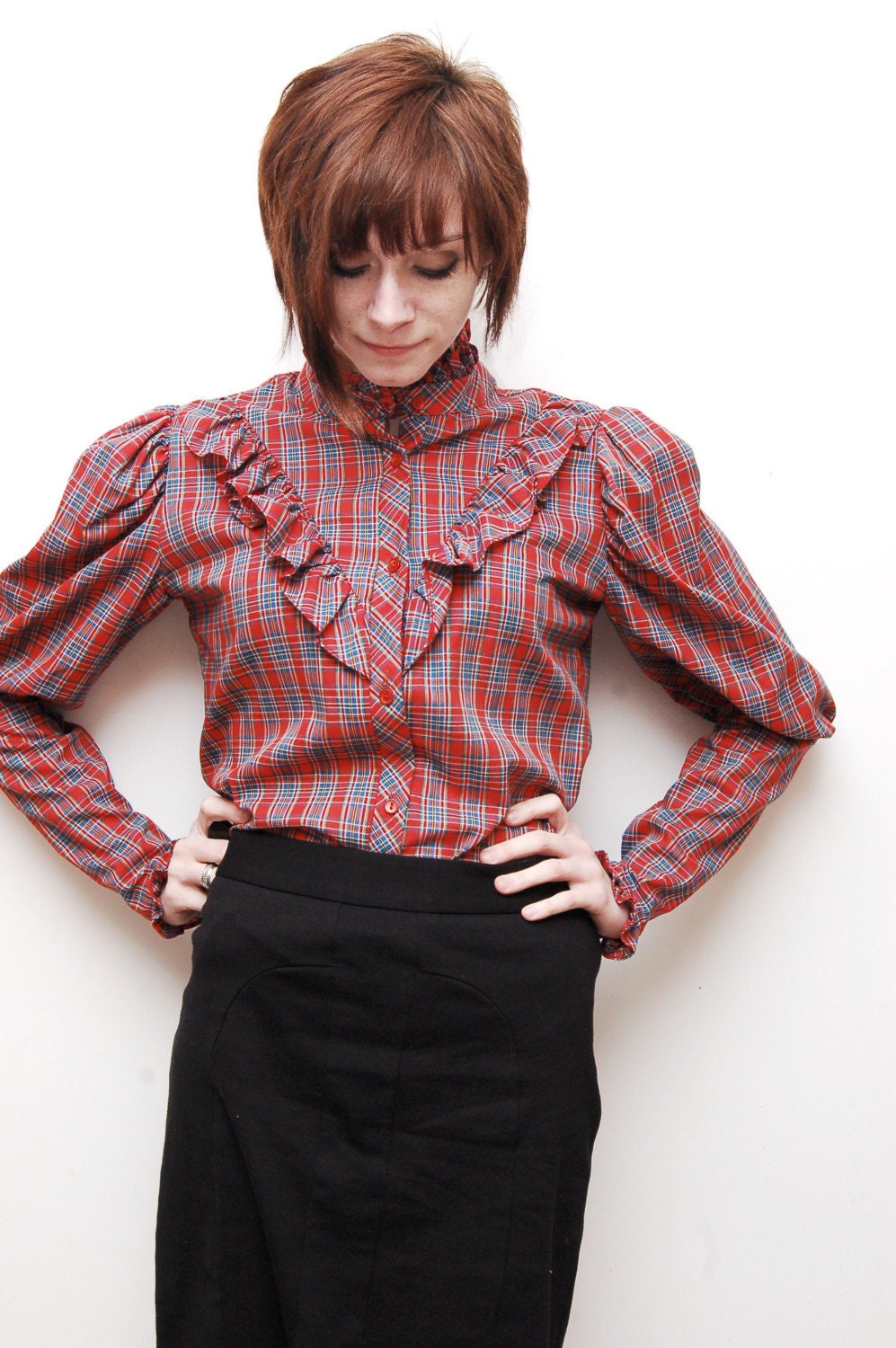 Red Plaid Ruffled Button Up Blouse - M