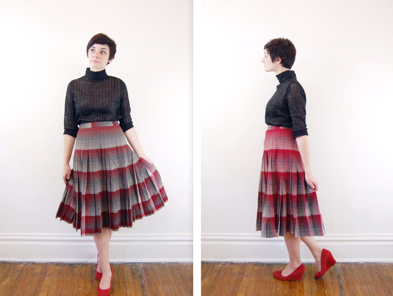 Reversible 1950s Skirt Pendleton Gray and Red Plaid - S/M