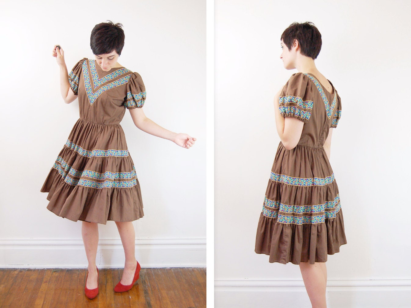 1950s Fiesta Party Dress Brown - M