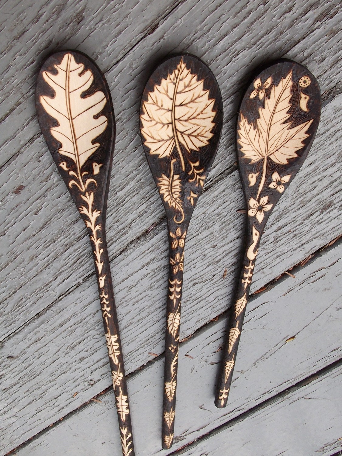 3 custom monogrammed spoons-oak aspen maple leaf acorn night forest style, ooak design, woodburning personalized