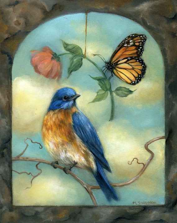 Delicate Balance - Original Oil Painting Bluebird and Butterfly