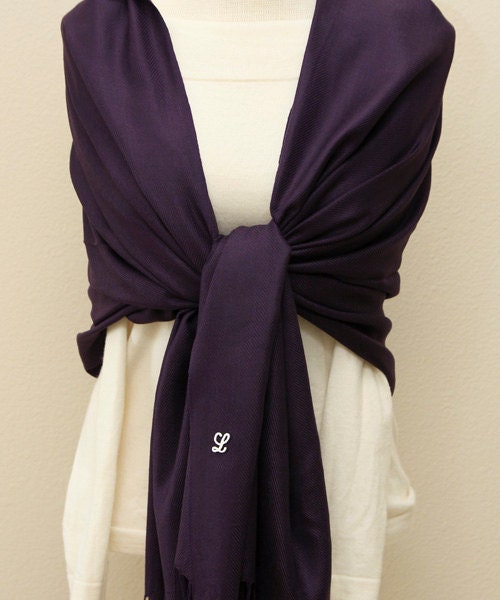Wedding party Bridesmaid Gifts, Monogrammed deep eggplant pashmina bridesmaid shawl, scarf, bridal wrap, favors