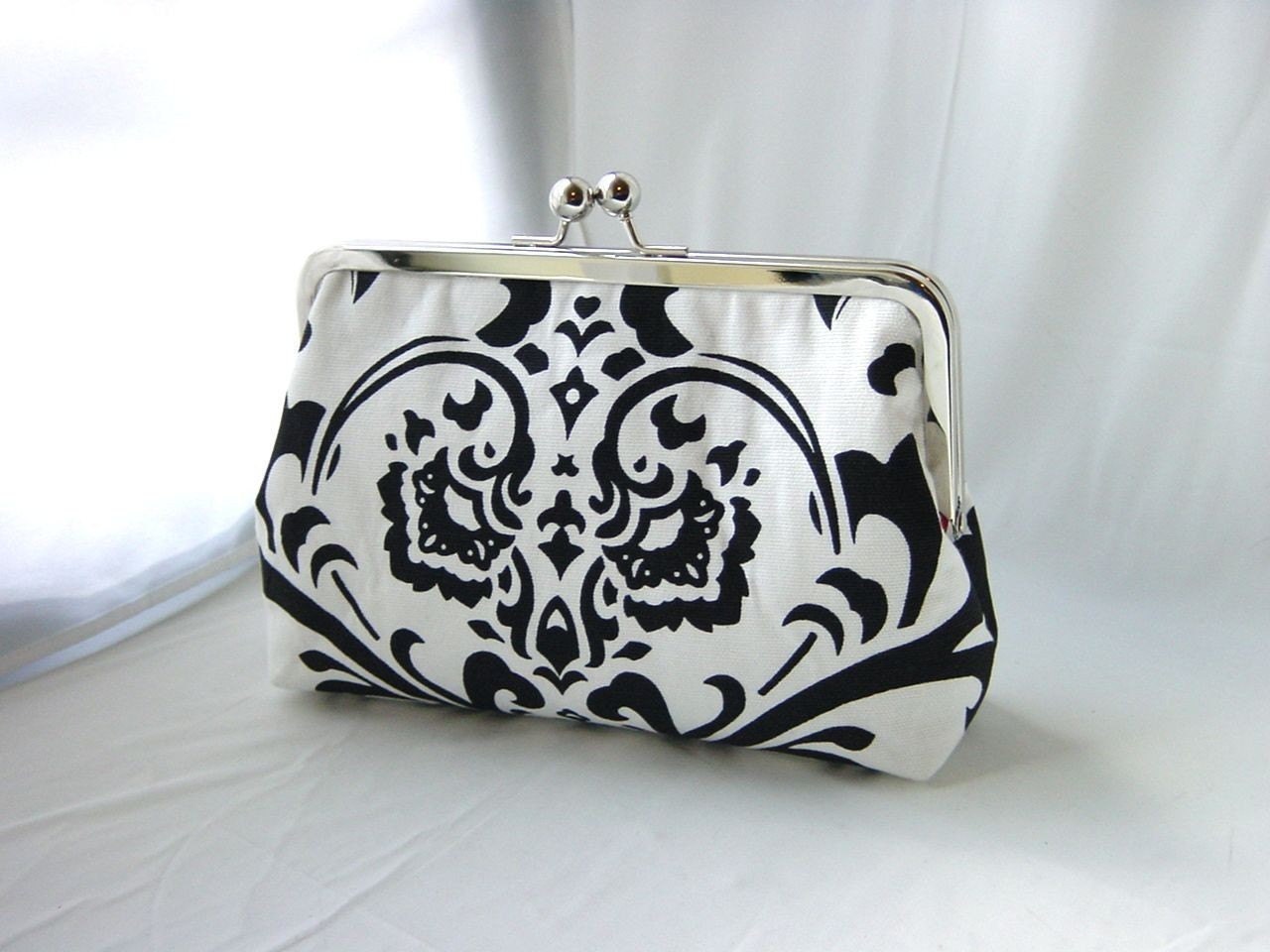 Sophia - Black and White Damask clutch lined in dupioni silk