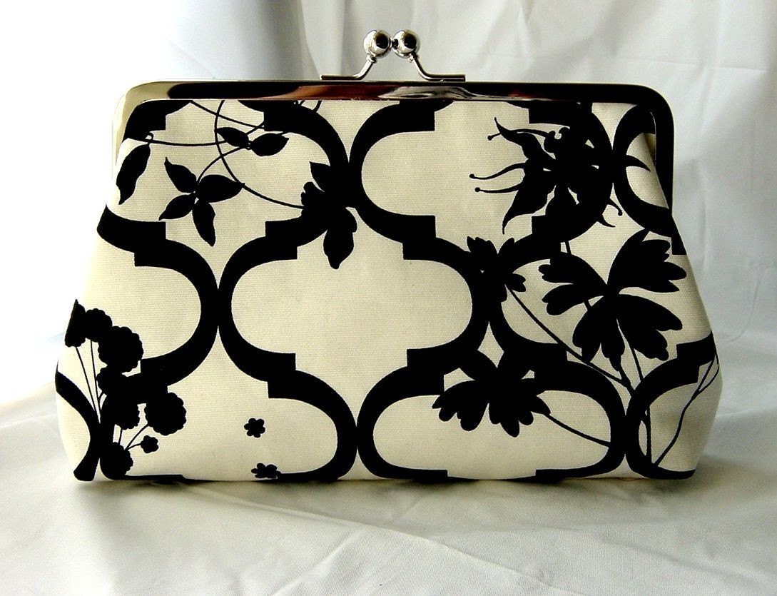 Julia - Black and White clutch lined with pale rose dupioni silk