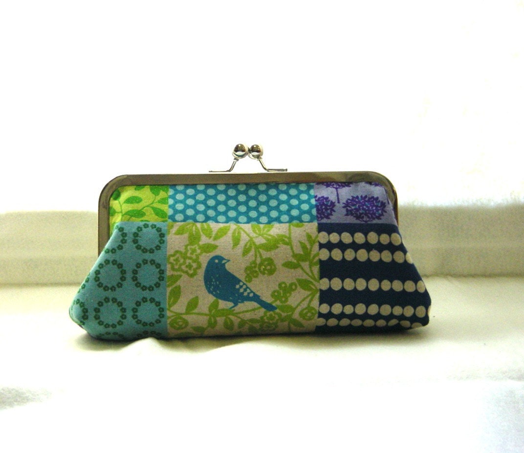 Linen Clutch in Blue Patchwork Print