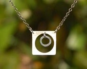 Concentric Circles Recycled Silver Necklace with oxidized ring inside square pendant