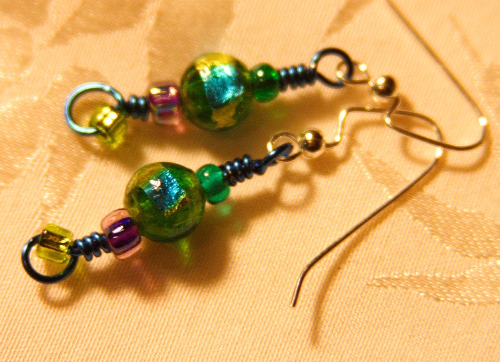 Green Glass Wire Wrap Earrings
