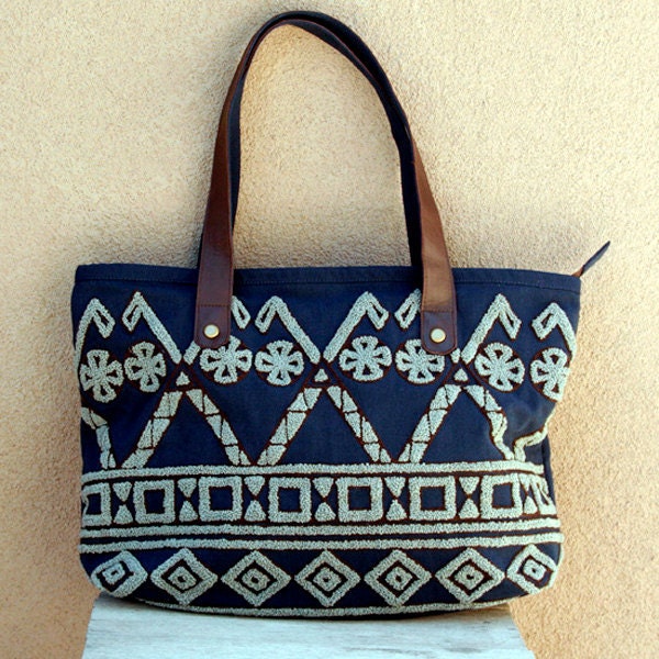 Tote Purse Handbag Dark Blue Tribal Bag Purse Large Embroidered Cotton Canvas Women's Shoulder Bag with Leather Handles Southwestern Spirit