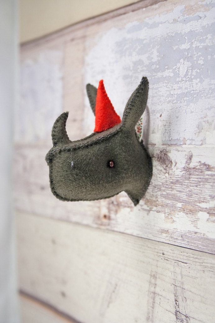 Rhino head mount - plush animal trophy - wall art decor