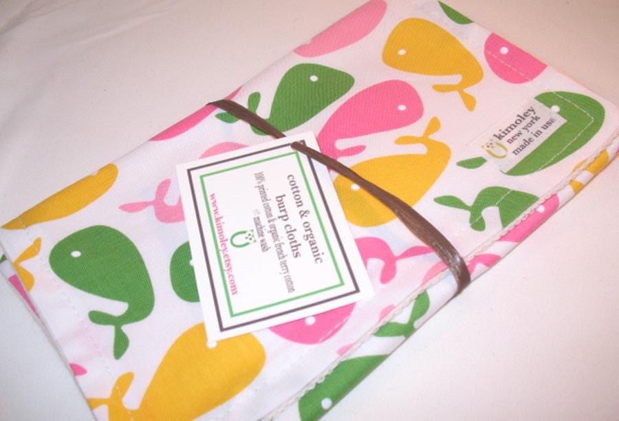 Burp Cloth  with style - Printed Cotton/Organic Undyed French Terry - Urban Zoologie Whales Pink/Green/White