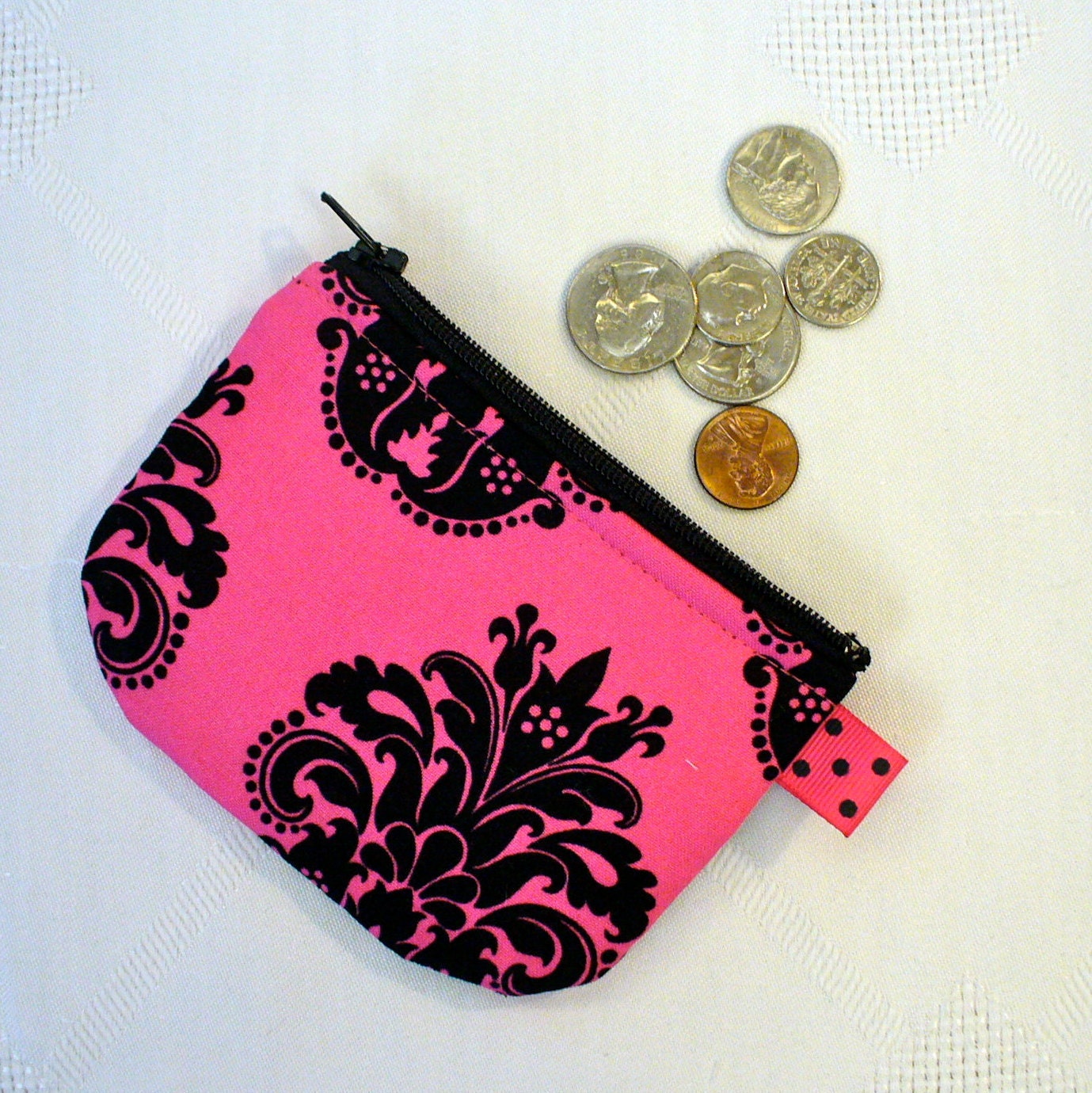 Mini Coin Purse Hot Pink Black Damask Fabric Little Zipper Change Purse Handmade