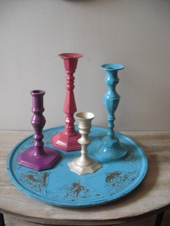 Upcycled   - Turquoise PUNCH - Vintage Brass Candle Holder Collection - Tray - BOHO Chic Aqua