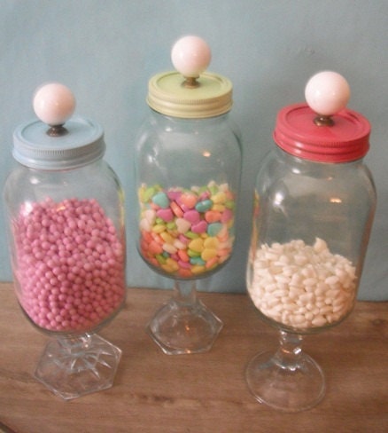 3 upcycled Wedding candy Buffet jars .. FUN party candy Bar containers ..... pedestal pink tiffany blue lime green