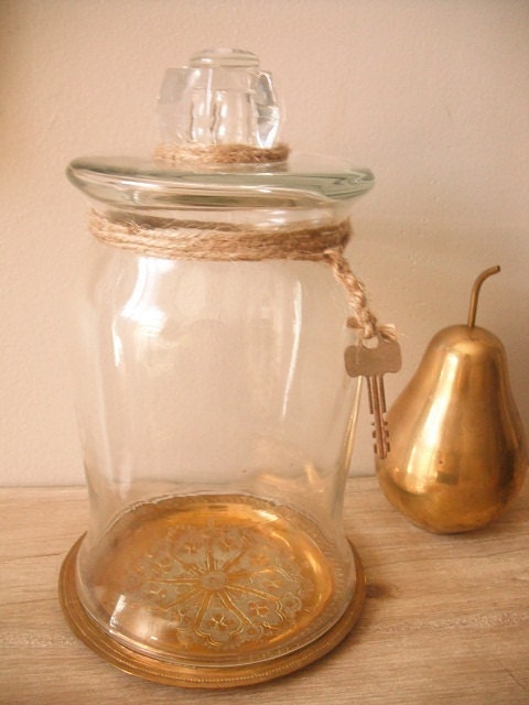 upcycled Large cloche dome with Vintage Key ... glass knob with hey hole dome .. bohemian brass under plate