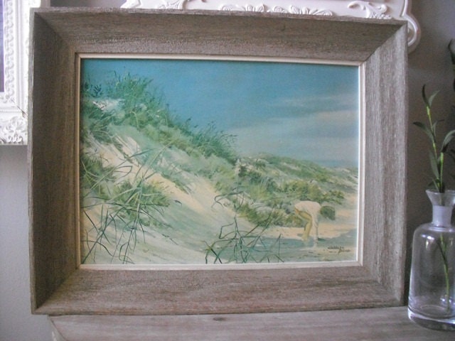 lovely vintage Beach scene picture wall hanging W rustic weathered frame Beach Cottage