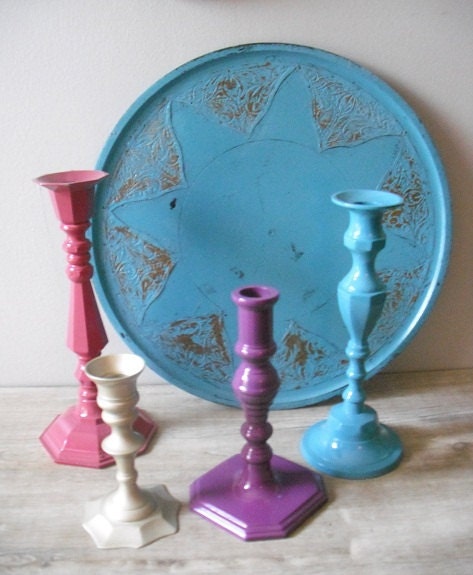 Upcycled   - Turquoise PUNCH - Vintage Brass Candle Holder Collection - Tray - BOHO Chic Aqua