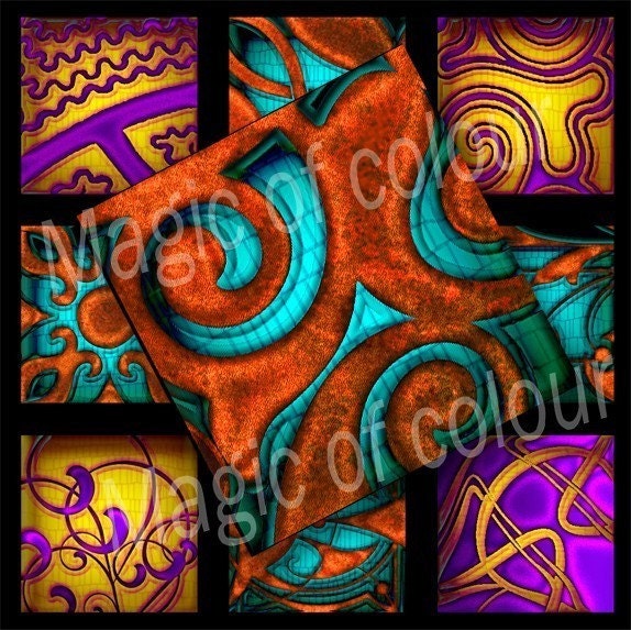 Digital Collage of Blue, Purple and Orange  Floral Modern Patterns    - 63  1x1  Inch Square JPG images - Digital  Collage Sheet