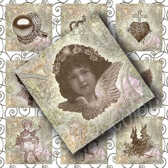 Digital Collage of Original Vintage  Patterns  - 63  1x1  Inch Square JPG images - Digital  Collage Sheet