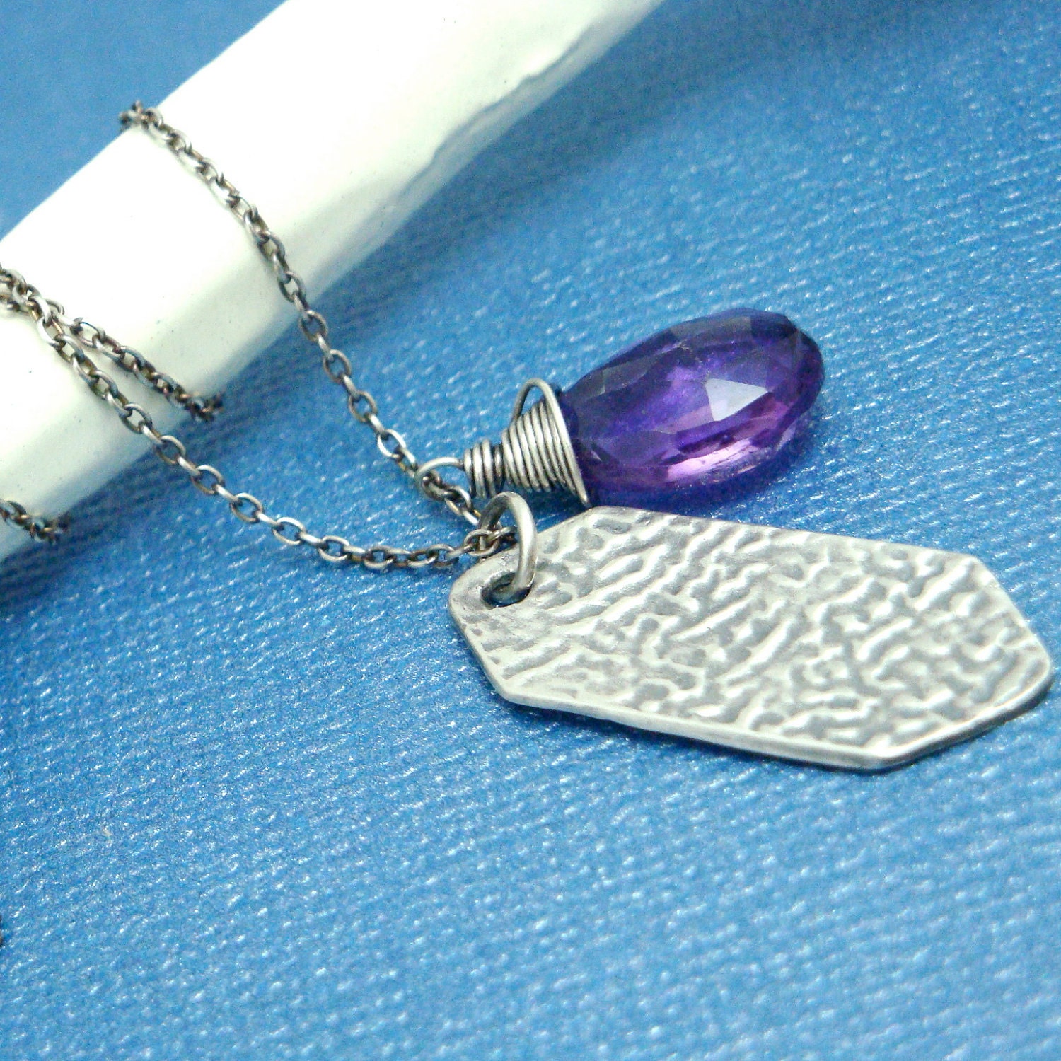 DISCOUNTED - Recycled Silver Oxidized Ripple Texture Charm Necklace with Purple Amethyst Briolette