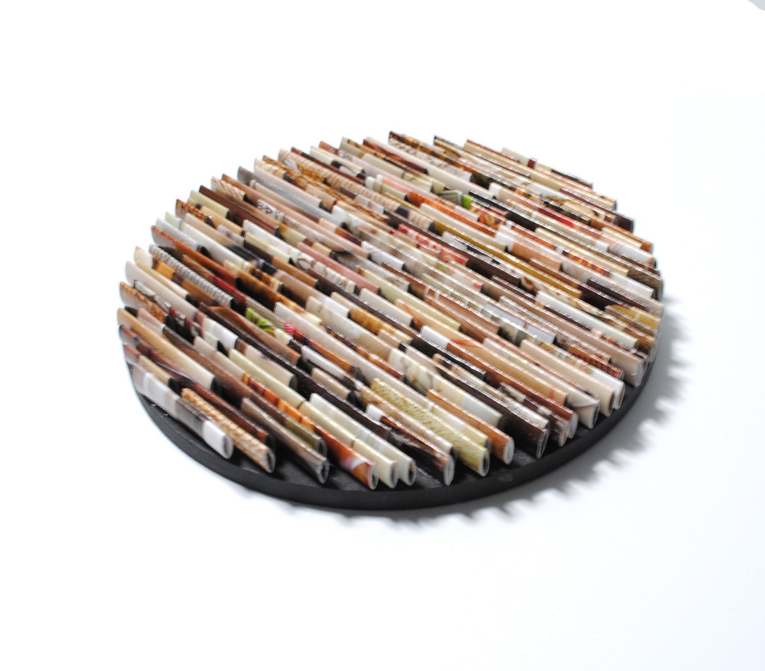 round neutral colored wall art- made from recycled magazines, colorful, unique 6 inch circle