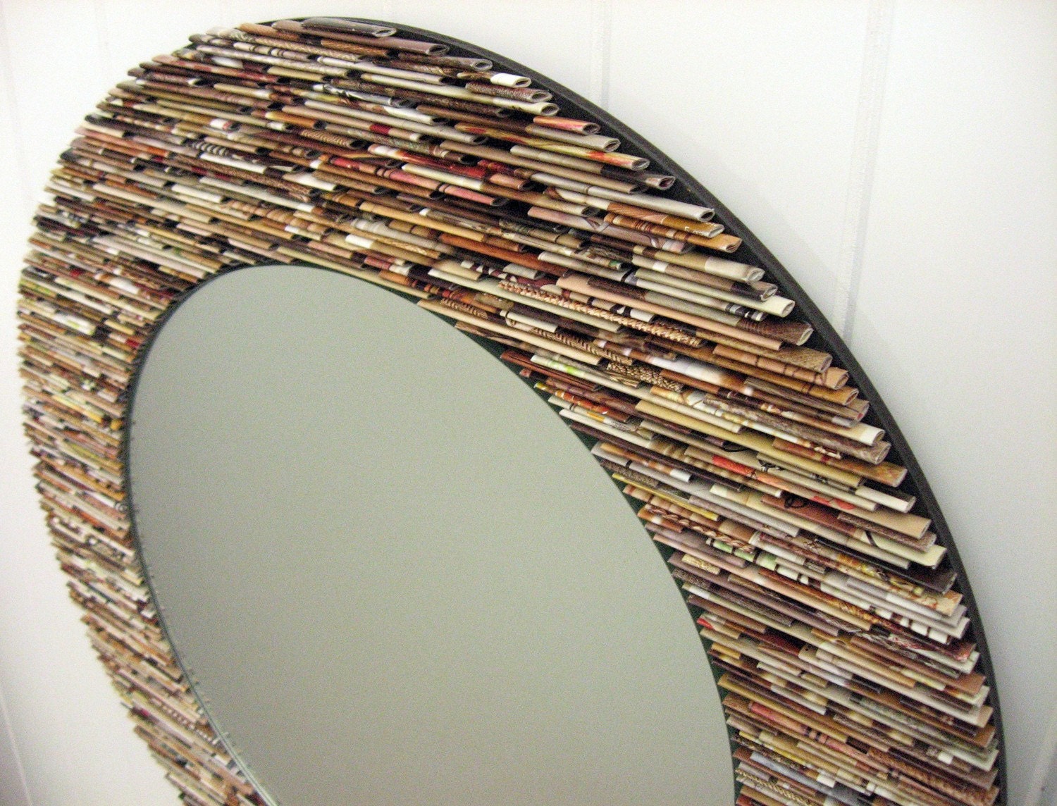 18 inch diameter neutral round mirror, wall art- made from recycled magazines, brown, tan, neutral