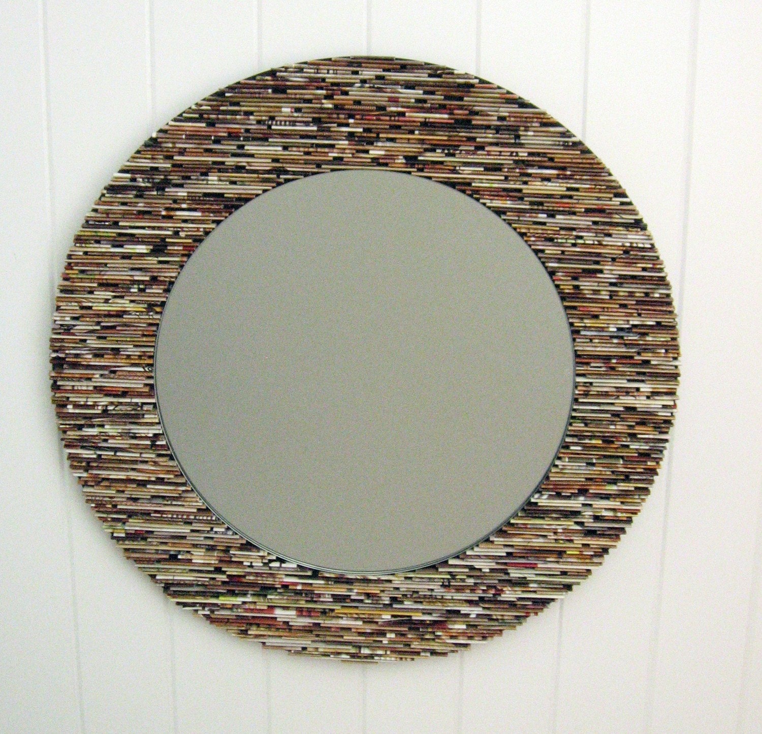 18 inch diameter neutral round mirror, wall art- made from recycled magazines, brown, tan, neutral