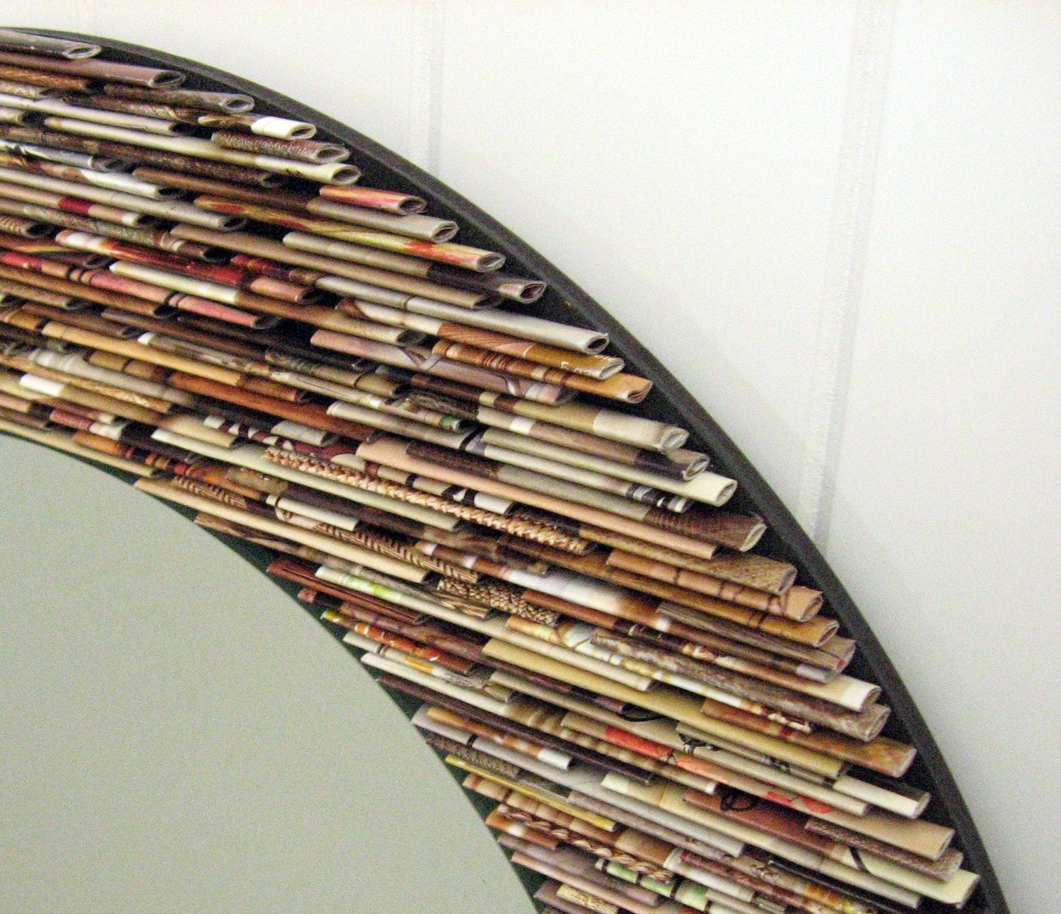 18 inch diameter neutral round mirror, wall art- made from recycled magazines, brown, tan, neutral