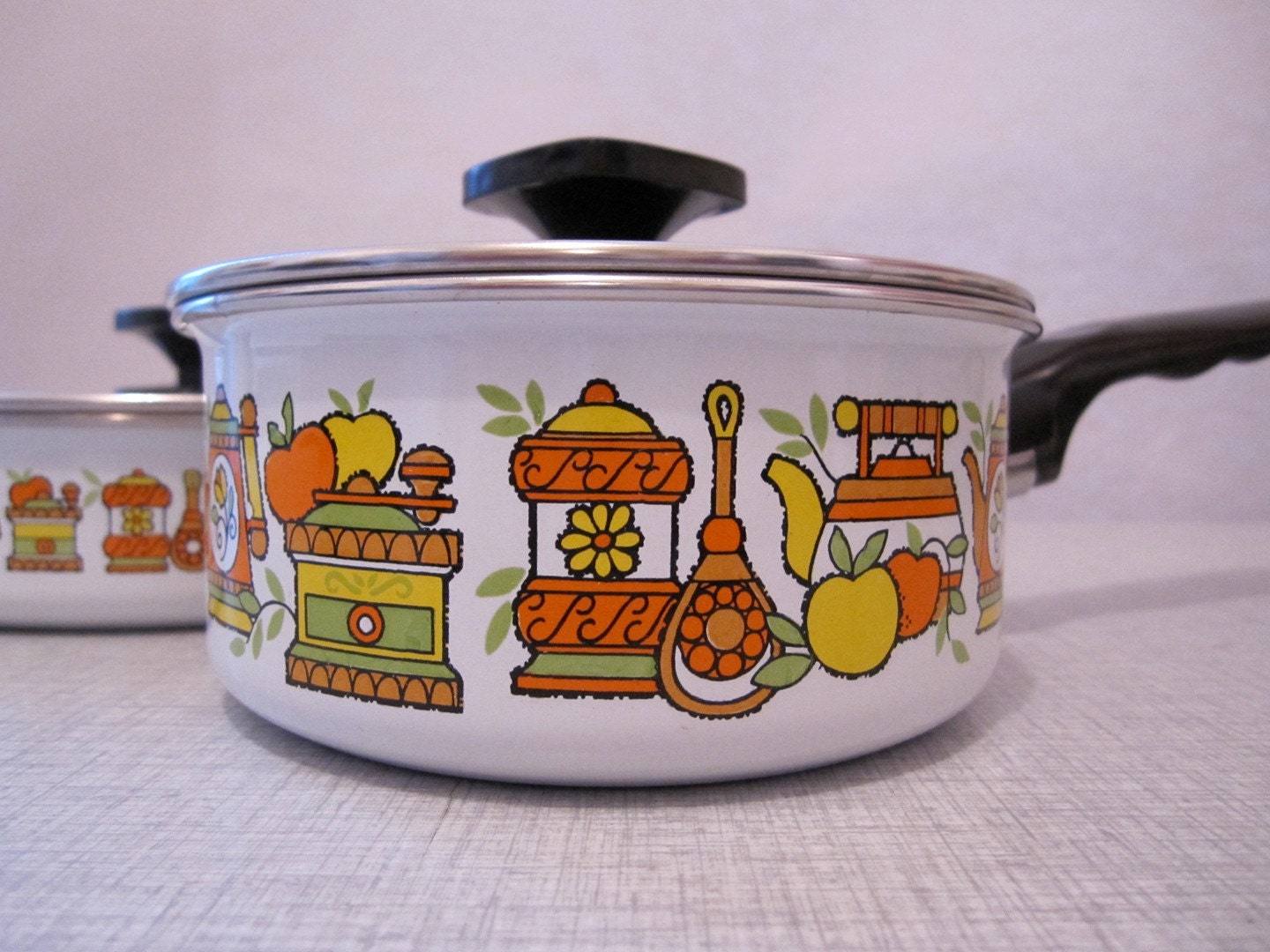 TWO white enamel 60s vintage RETRO GRAPHIC pot and pan set