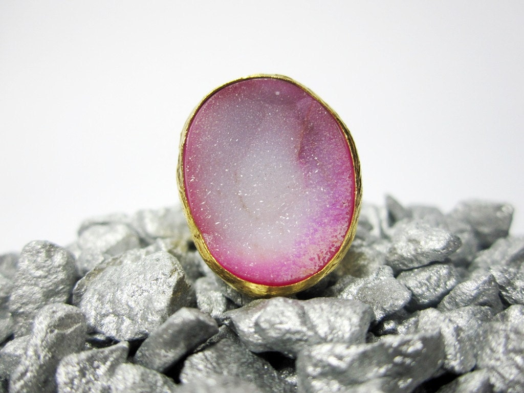 Pink and White Druzy Ring Gold Vermeil