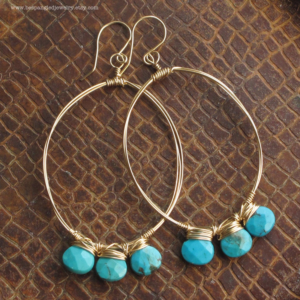 Bright Blue Turquoise Drops on Large Gold Wire Hoop Earrings--14k Gold Fill and Genuine Turquoise