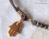 24k Gold Vermeil Hamsa Charm Faceted Pyrite Knotted Brown Cord Bracelet - Yoga Jewelry
