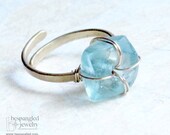 Ice Blue Boho Recycled Beach Glass Adjustable Size Cocktail Bling Ring, Handforged Brass with Hammered Finish