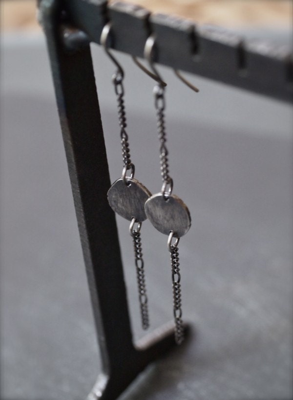 Funky, dark, long fine silver disc and chain earrings
