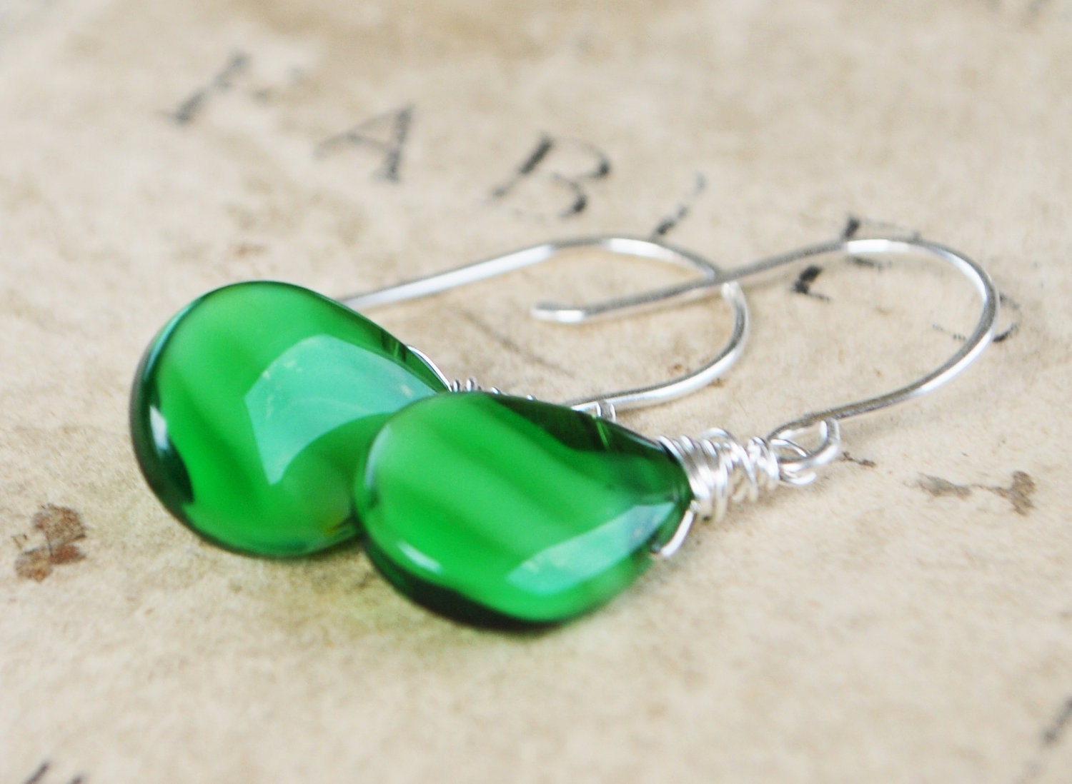 Earrings - Lime and Emerald Green Glass Teardrop Wire Wrapped in Oxidized Sterling Silver