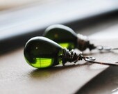 Moss Winds Earrings - Olive Green Glass Teardrop Wire Wrapped in Oxidized Sterling Silver