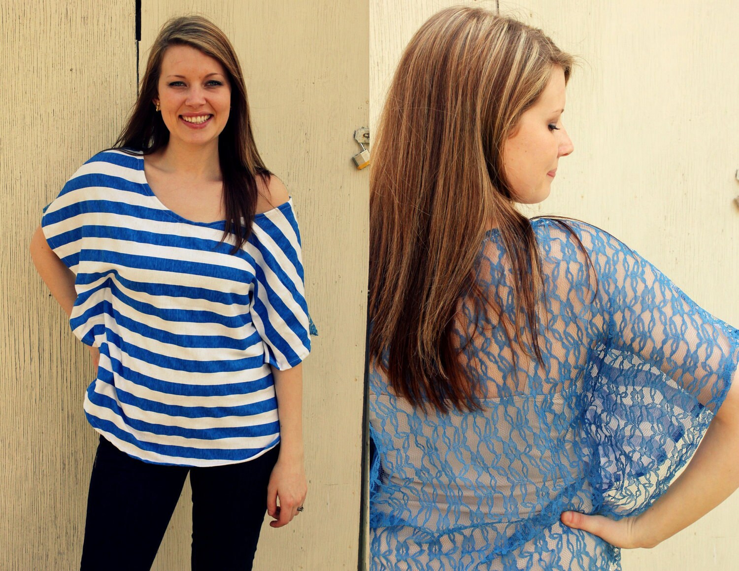 Womens Striped Oversize Sheer Lace Top-Blue and White stripes, size Medium