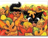Black Cat Hiding in Autumn Leaves ArT - 5x7 Print by AmyLyn Bihrle