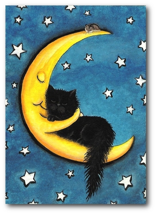 Sweetest of Dreams Moon Hugging Black Cat -  5x7 Print by AmyLyn Bihrle