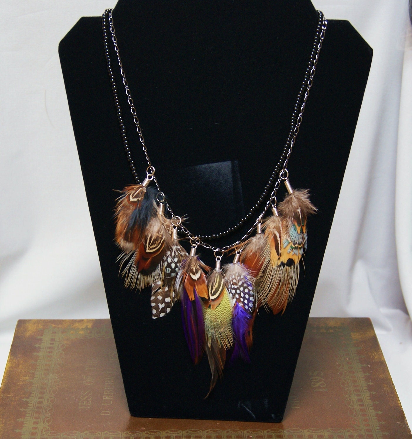 Long Tribal Feather Necklace with Black Beads