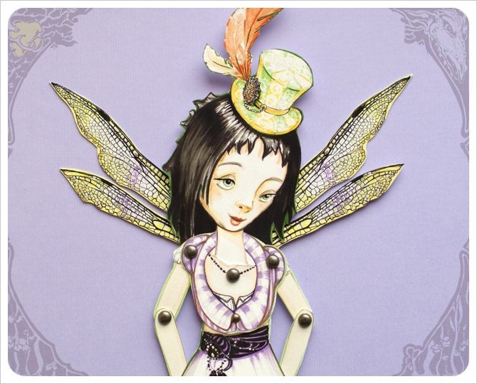 Victorian Fairy Paper Doll  handmade by the Filigree - Purple black and white stripe -