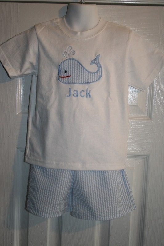 Blue and White Seersucker shorts with Aplique Whale Octopus Or Crab  Shirt size 12mo 6T