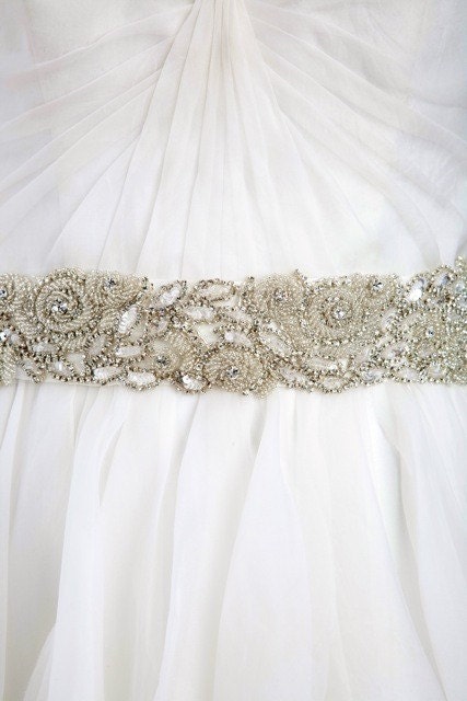 ABIGAIL - Wide Beaded Sash, crystal, wedding belt, swarovski, silver