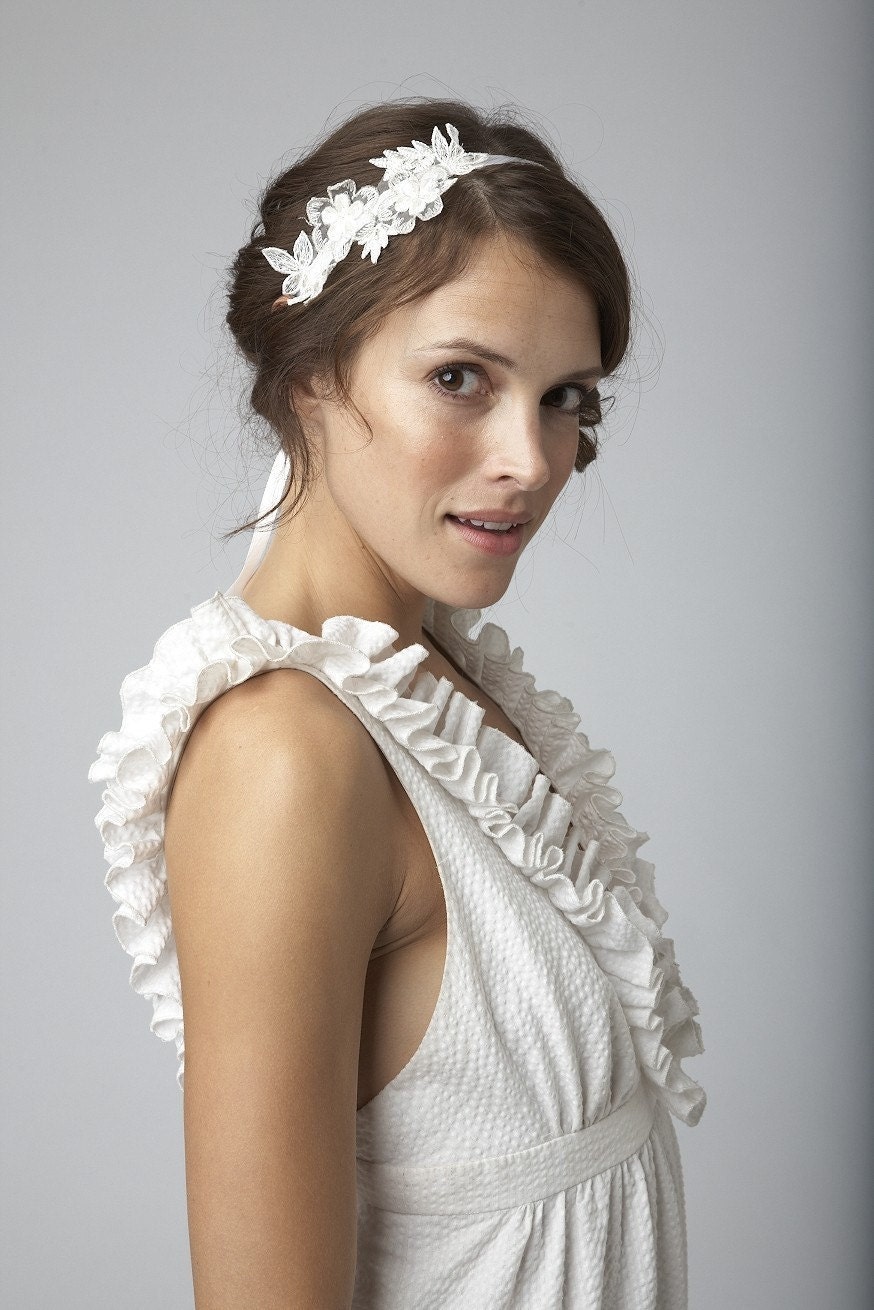 Vintage lace trim bridal headband on off white silk ribbon ties