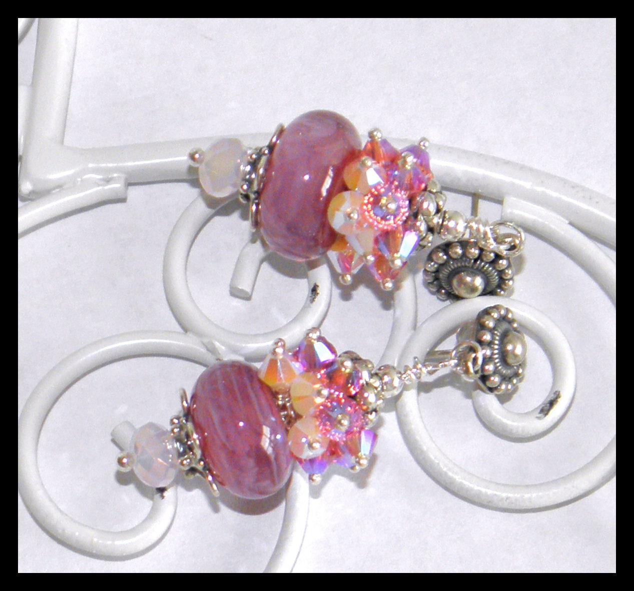 Mystic Pink-Earring set with lampwork beads, Swarovski crystals and Sterling silver