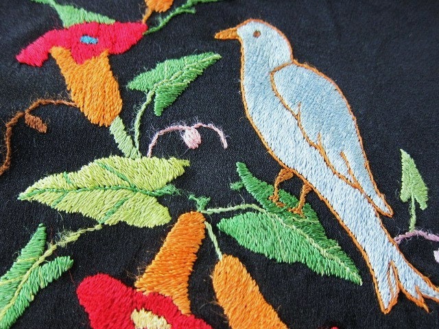 Edwardian embroidered panel bluebird and flowers 1910