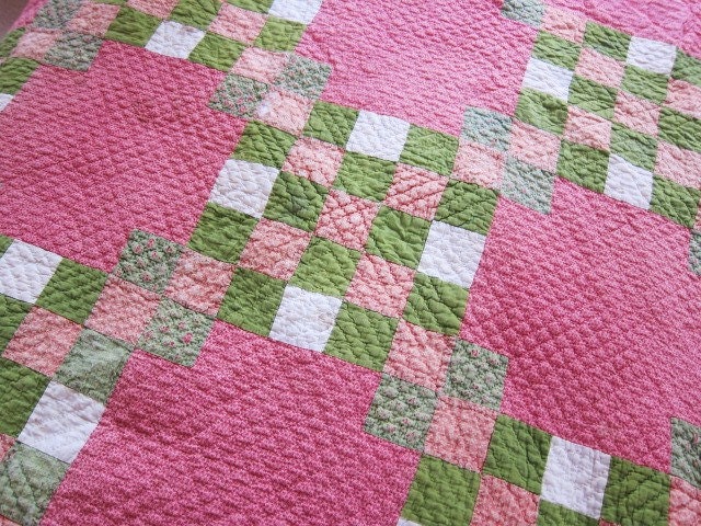 Antique quilt 1800s Irish Chain double pinks and over dyed green