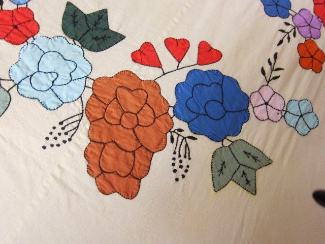 Antique  Summer bedspread 1930s colorful applique large