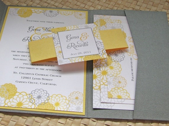 Pocketfold Wedding Invitation in Grey and Yellow