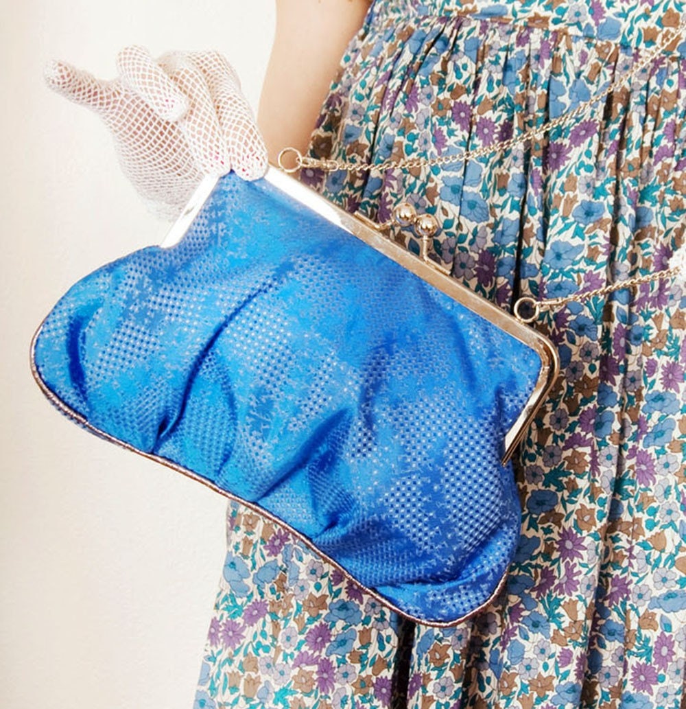 Electric blue silk and leather Ambrosia bag with internal pockets and chain strap