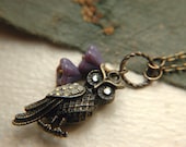 Swarovski Brass Owl Necklace with Czech Glass Flowers - The Pale Eyed Owl.